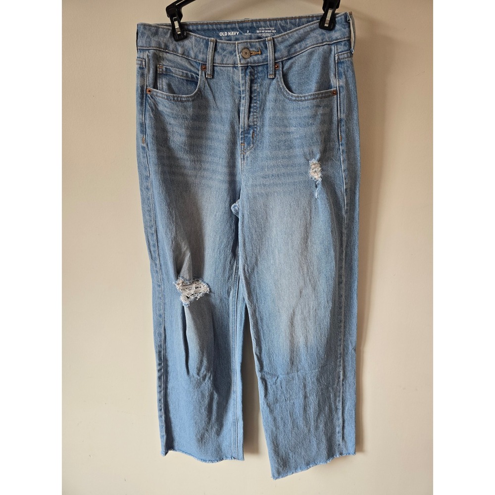 Old Navy Sky-Hi Wide Leg Jeans Womens 2 Petite‎ Light Wash Distressed Raw Hem